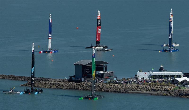 The SailGP F50 catamaran fleet moored around the Main Stage and Platinum Lawn on Race Day 1 of the ITM New Zealand Sail Grand Prix in Christchurch. March 23, 2024 photo copyright Felix Diemer / SailGP taken at Naval Point Club Lyttelton and featuring the F50 class