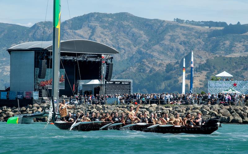 A traditional Maori Waka passes the Platinum Lawn prior to racing on Race Day 1 of the ITM New Zealand Sail Grand Prix in Christchurch. March 23, 2024 - photo © Ricardo Pinto/SailGP