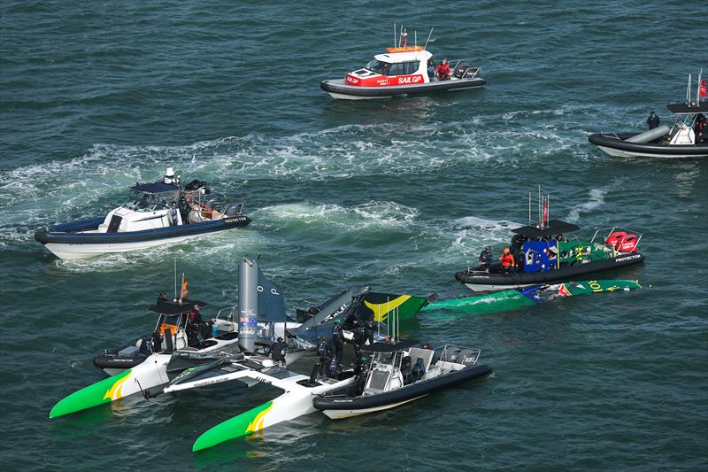 Support craft attend the Flying Roos after their dismasting - pre-start - Race 7 - Race Day 2- Oracle San Francisco SailGP - March 23, 2025 - San Francisco - photo © Felix Diemer/SailGP