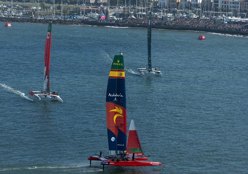 Spain SailGP Team helmed by Diego Botin. Canada NorthStar SailGP Team helmed by Giles Scott and France SailGP Team helmed by Quentin Delapierre on Race Day 2 of the Oracle San Francisco Sail Grand Prix - photo © Simon Bruty for SailGP