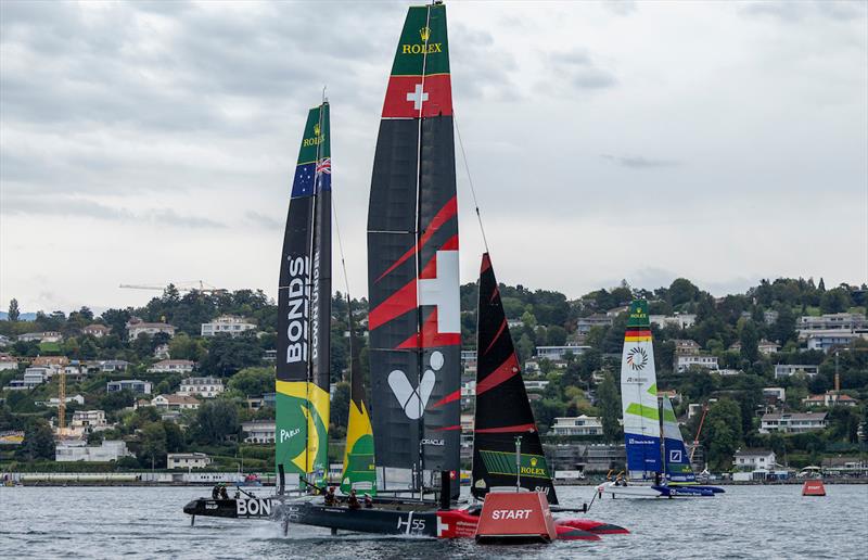 Switzerland SailGP Team helmed by Sebastien Schneiter, BONDS Flying Roos SailGP Team helmed by Tom Slingsby and Germany SailGP Team presented by Deutsche Bank helmed by Erik Heil in action in Geneva - photo © Felix Diemer for SailGP
