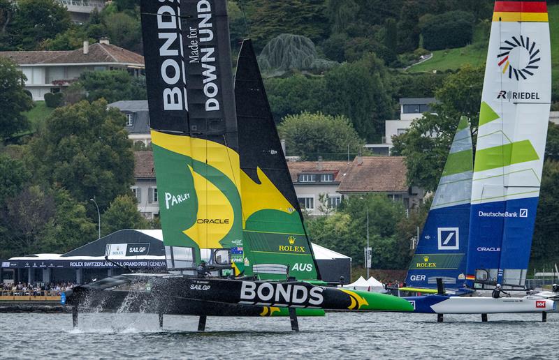 BONDS Flying Roos SailGP Team helmed by Tom Slingsby and Germany SailGP Team presented by Deutsche Bank helmed by Erik Heil in action on Race Day 2 in Geneva - photo © Ricardo Pinto for SailGP