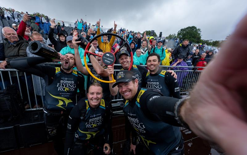 BONDS Flying Roos SailGP Team driven by Tom Slingsby pose for a selfie and celebrate winning the final race on Race Day 2 of the ROCKWOOL Germany Sail Grand Prix - photo © Jason Ludlow for SailGP