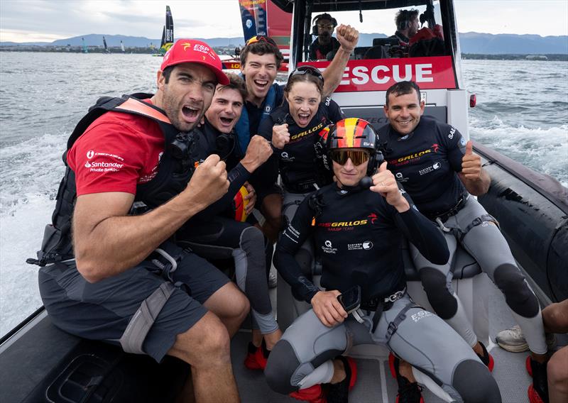 Los Gallos SailGP Team driven by Diego Botin celebrate on a SailGP rescue boat after winning the final race on Race Day 2 of the Switzerland Sail Grand Prix in Geneva, Switzerland - photo © Ricardo Pinto for SailGP