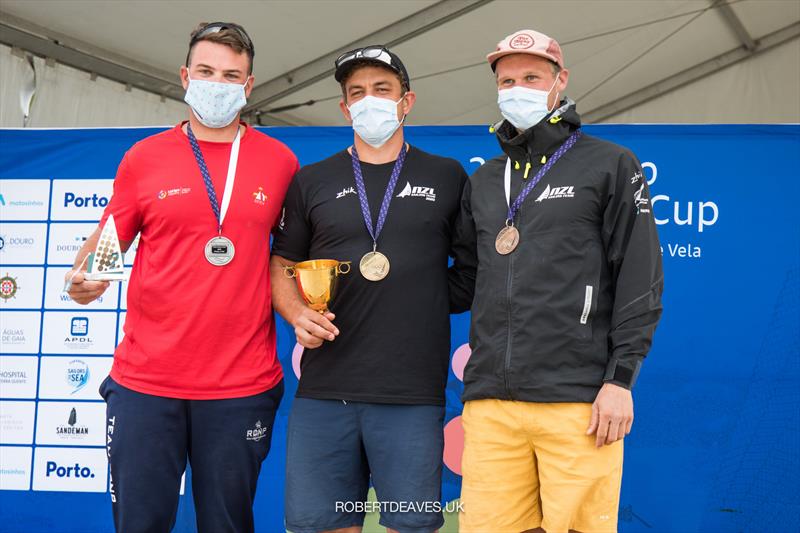 Joan Carona (ESP) Andy Maloney (NZL) and Josh Junior (NZL) - Finn Gold Cup - Porto, Portugal - May 2021 photo copyright Robert Deaves / Finn Class taken at Vilamoura Sailing and featuring the Finn class