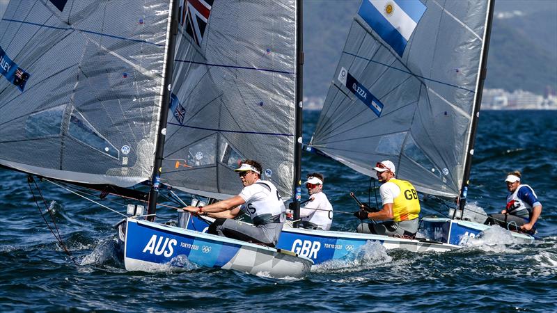 The Last Olympic Waltz - A crowded finish to the Medal Race in the Finn class - Tokyo2020 - Day 9 - August 2, 2021 - Enoshima, Japan photo copyright Richard Gladwell - Sail-World.com / nz taken at Kenosha Yacht Club and featuring the Finn class