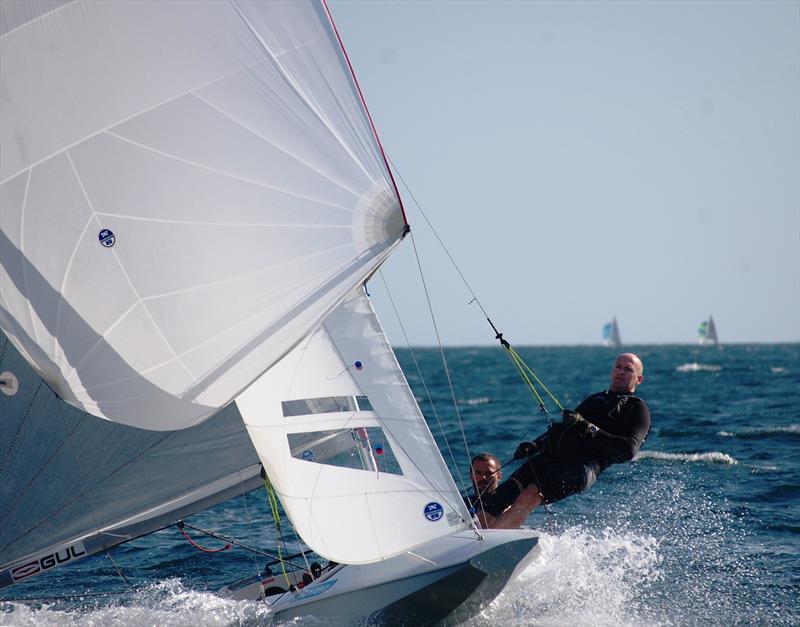 Tom Gillard and Richard Anderton working hard to close the gap on the leaders on day 1 of the Gul UK Fireball Nationals photo copyright David Henshall taken at Plas Heli Welsh National Sailing Academy and featuring the Fireball class