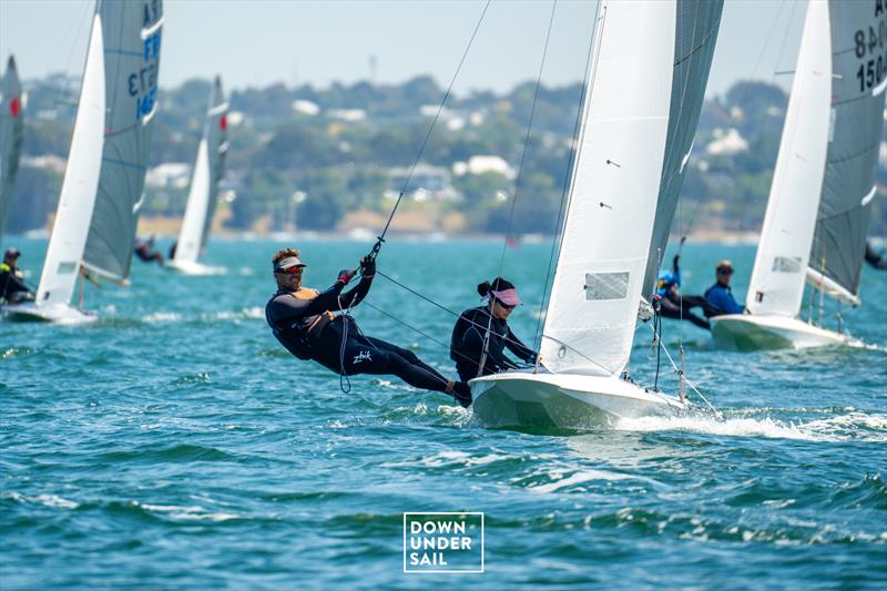Jalina Thompson-Kambas and Nathan Stockley clinch a race win in light airs - Fireball Worlds at Geelong day 2 photo copyright Alex Dare, Down Under Sail taken at Royal Geelong Yacht Club and featuring the Fireball class