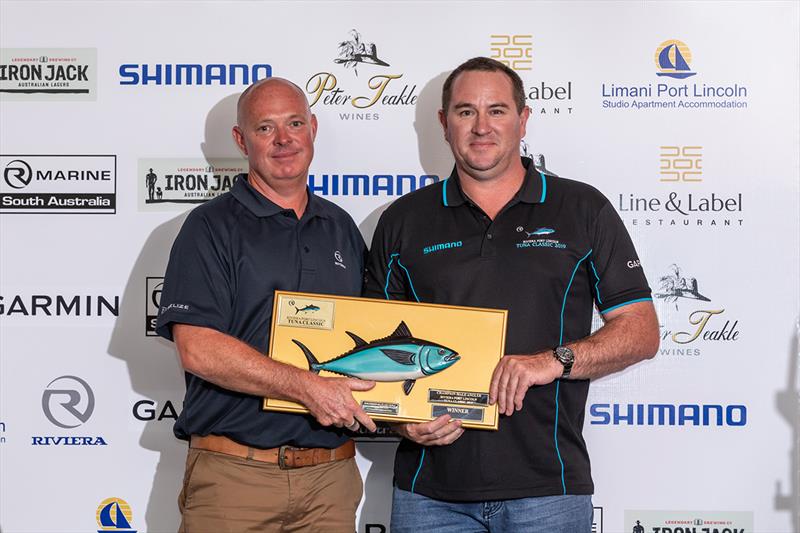 Champion Male Angler in the Boat Over 8 Metres category, Shane Hodgerson (right) with Riviera's David Thorpe - 2019 Riviera Port Lincoln Tuna Classic photo copyright Riviera Studio taken at  and featuring the Fishing boat class