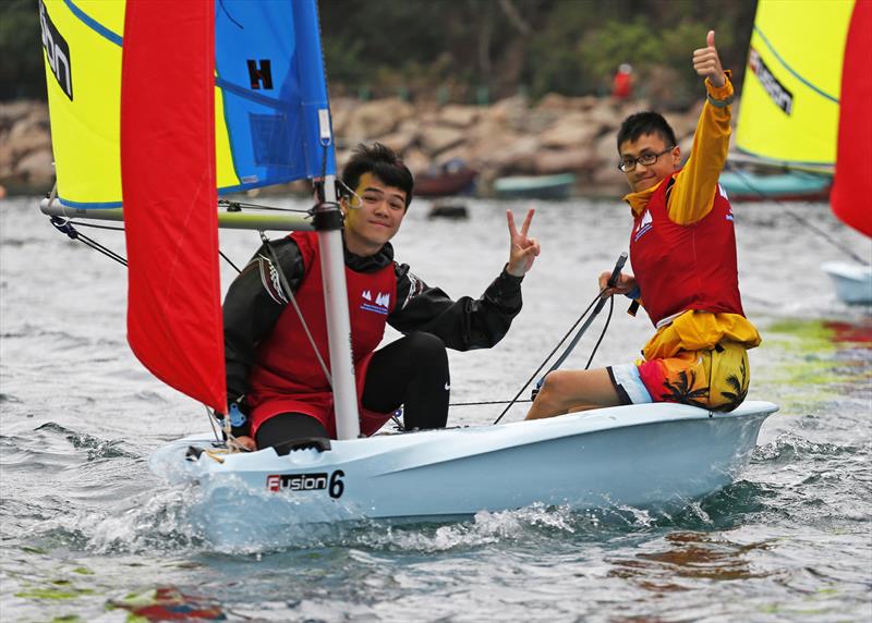 Someone is enjoying themslves! Boase Cohen & Collins Interschool Sailing Festival 2019 photo copyright RHKYC / Guy Nowell taken at Royal Hong Kong Yacht Club and featuring the Fusion class