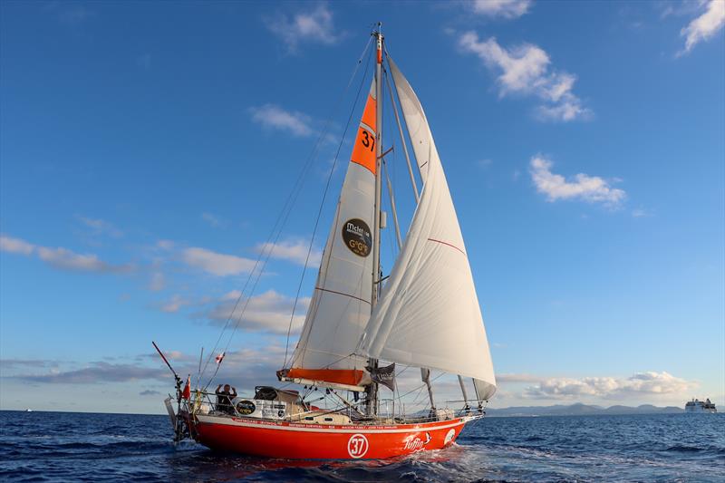 Skipper Ian Herbert-Jones at the photogate in Lanzarote, arriving in 12th position photo copyright Nora Havel taken at Yacht Club de France and featuring the Golden Globe Race class