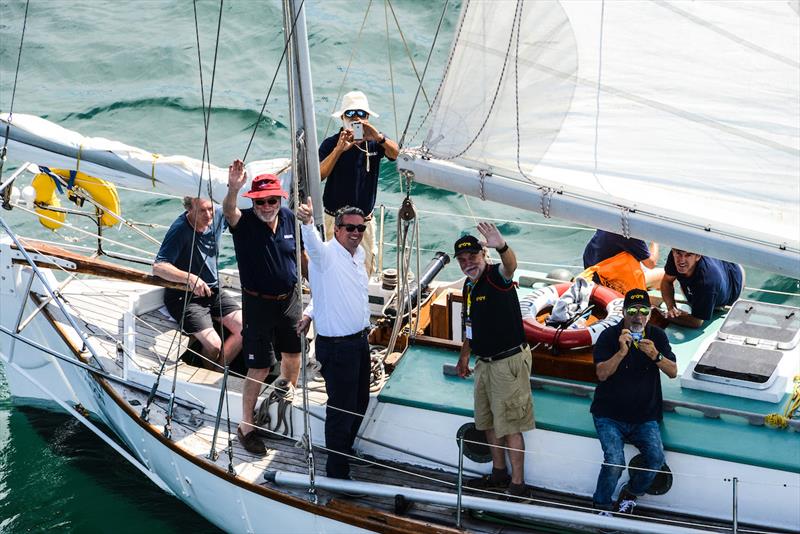 GGR2018 STARTDAY PICTURES TAKEN FROM BELLE POULE – A Historic Moment at the 2018 Golden Globe Race Start – Sir Robin Knox-Johnston, legendary winner of 1968 solo circumnavigation, fires cannon aboard his iconic boat Suhaili to send off new gen of sailors - photo © Nick Jaffe / GGR2018