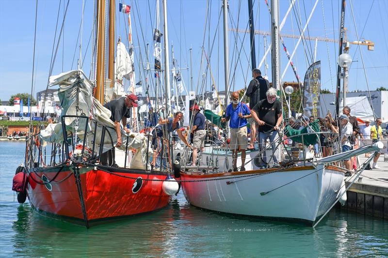 Joshua (red) and Suhaili side by side for the first time in 2018 the GGR Village. This year, Joshua is already back in Les Sables-d'Olonne, but persistent headwinds prevented Suhaili. Sir Robin will still join final countdown after continuing by road - photo © GGR 2018 / Christophe Favreau