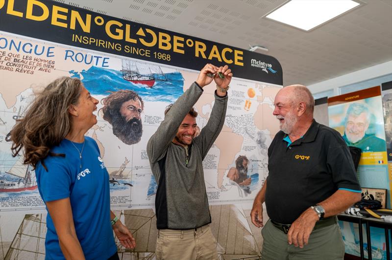 A very special moment for Israeli skipper Daniel Pinsky as he becomes the first GGR 2026 entrant to receive his official Green Card, confirming that he is cleared to start. Behind him is an image of his sailing hero, Bernard Moitessier - photo © Rob Havill / GGR2026