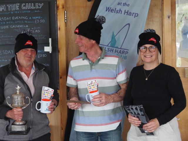 Commodore Liz Guest presents Maurice and Romek their prizes, modelling their P&B beanies during the GP14 Venetian Trophy at Welsh Harp - photo © Luke Howard @WHSC