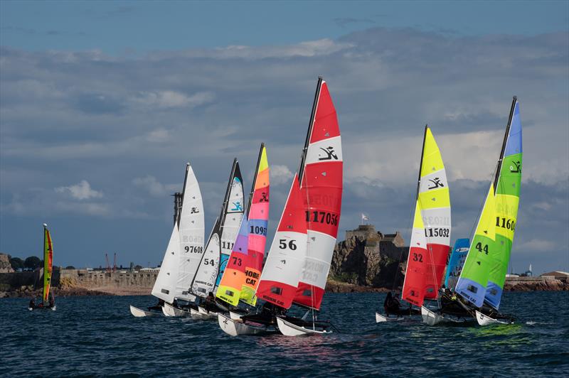 Class 6 awaiting a start during the UBS Jersey Regatta 2017 photo copyright Simon Ropert taken at Royal Channel Islands Yacht Club and featuring the Hobie 16 class