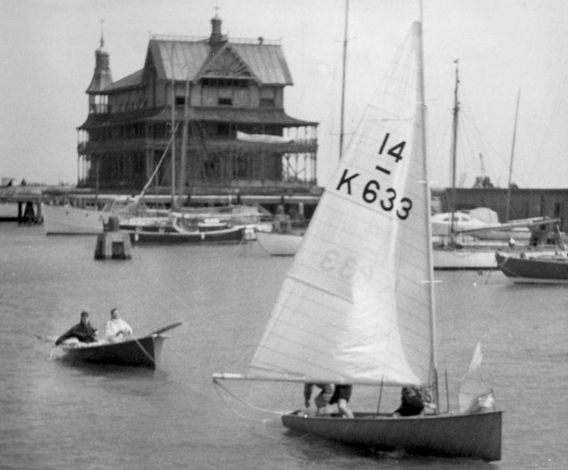 The radical Int 14 'Thunderbolt' broke her mast in the Prince of Wales Trophy race and was towed home by friends photo copyright Austin Farrar Collection / David Chivers taken at Royal Norfolk & Suffolk Yacht Club and featuring the International 14 class
