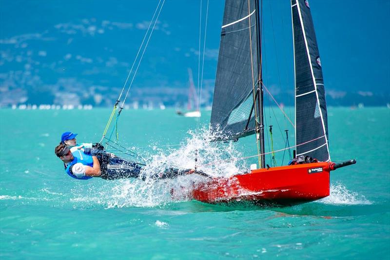 Cameron Tweedle crewing for Katie Nurton during the 2024 International 14 Worlds at Lake Garda - photo © Annamaria Ramy