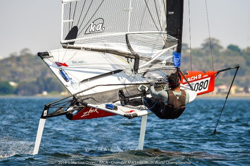 Hiroki Goto sending it on the Swan River - 2019 Chandler Macleod Moth Worlds photo copyright Martina Orsini taken at Mounts Bay Sailing Club, Australia and featuring the International Moth class