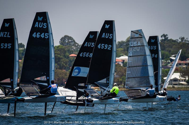 Chandler Macleod Moth Worlds final day - Boats rack up on the start line photo copyright Martina Orsini taken at Mounts Bay Sailing Club, Australia and featuring the International Moth class