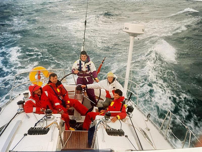 Jim Close on the wheel of Bounder that he Skippered for a year - this is the1999 ARC where they won by a week and only had a sextant to use as GPS was off due to war in the Gulf - photo © Dave Leverett