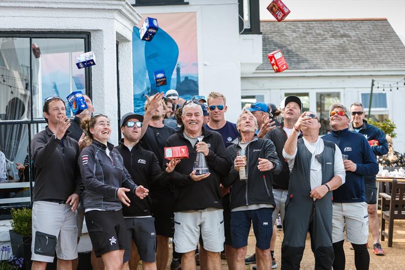 Ian Atikins' team on Dark N Stormy: `We just had a blast. I wish it would go on for a few more days....` - Easter Eggs and prizes for the IRC One winners in the RORC Easter Challenge photo copyright Paul Wyeth / www.pwpictures.com taken at Royal Ocean Racing Club and featuring the IRC class
