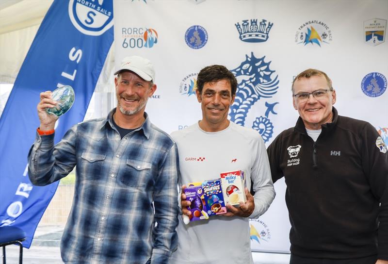 Garm's Per Roman & Gustavo Martinez Doreste with RORC Vice Commodore Derek Shakespeare - photo © Paul Wyeth / RORC