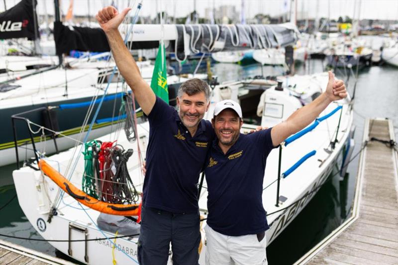 Abracadabra 2's Alban Mesnil and Romain Gibon celebrate their IRC Four win - centenary Rolex Fastnet Race - photo © Arthur Daniel / RORC