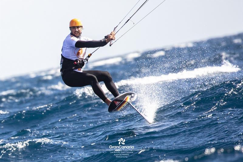 Florian Gruber (GER) in his unmistakable orange helmet, flys downwind at speeds around 40 knots - 2020 Gran Canaria KiteFoil Open European Championships - photo © IKA Media / Alex Schwarz