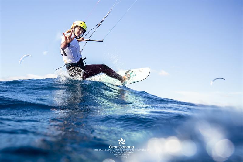 Julia Damasiewicz (POL), second place female rider, show just how epic it was to race here on Gran Canaria - 2020 Gran Canaria KiteFoil Open European Championships - photo © IKA Media / Alex Schwarz