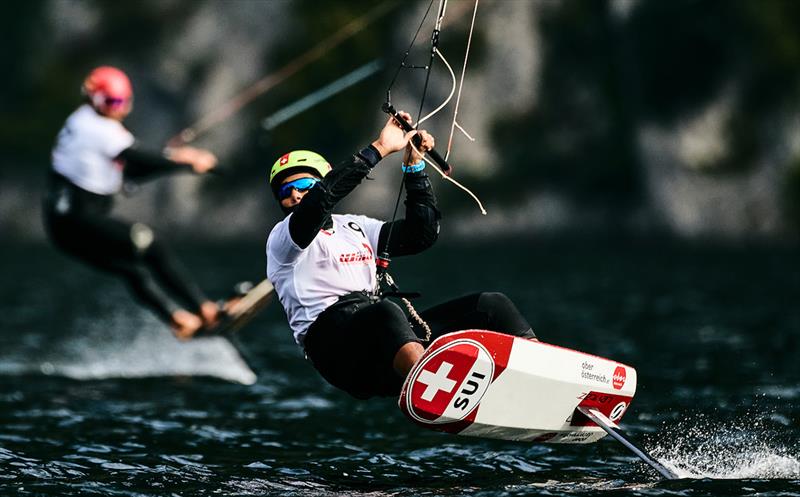 2023 KiteFoil World Series Austria - Karl Maeder leapt out to a new personal best today photo copyright IKA media / Robert Hajduk taken at  and featuring the Kiteboarding class
