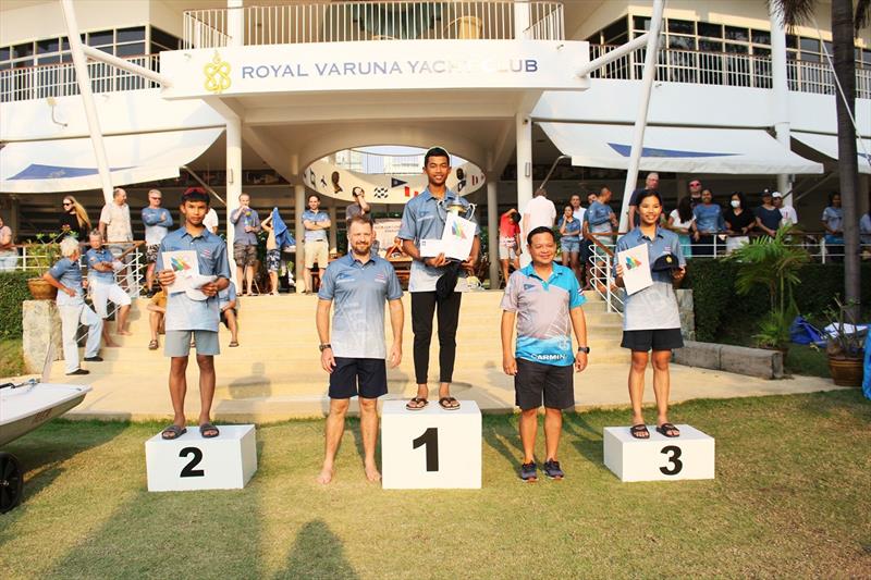 2021 Thai ILCA National Championship: 4.7 Podium: Bowonnan Chanram (1st), Panwa Boonnak (2nd) Thorfun Boonnak (3rd) with sponsor E6's Pom Green and RVYC commodore Art Nithipat Thansrikiat - photo © RVYC