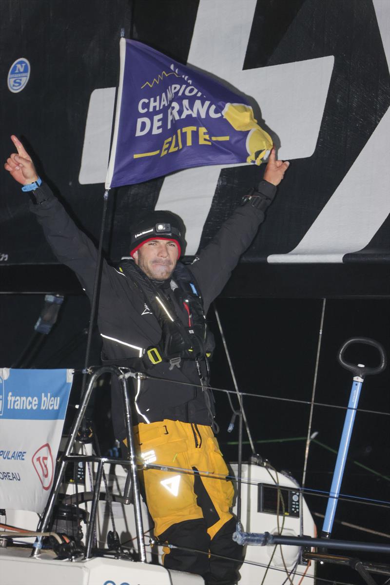 Corentin Horeau (Banque Populaire) celebrates winning the 2023 Solitaire du Figaro Paprec title photo copyright Alexis Courcoux taken at  and featuring the Figaro class