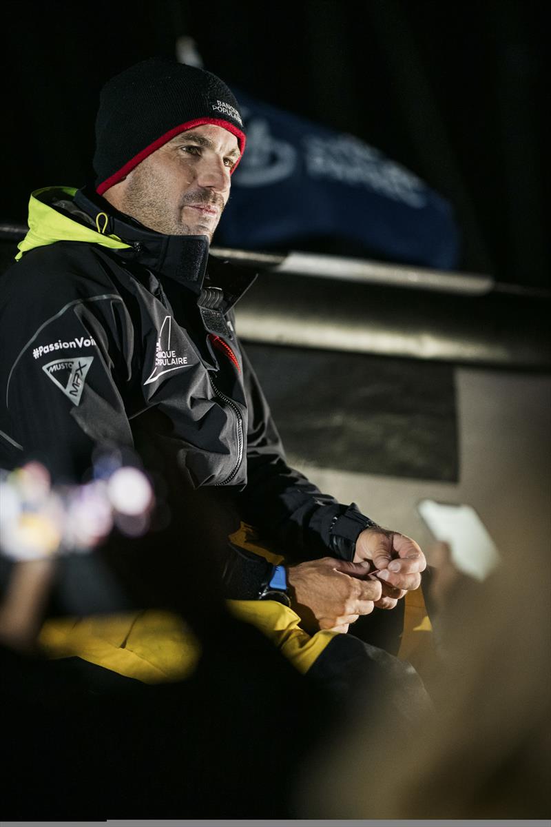 Corentin Horeau (Banque Populaire)  talks to the media after winning the 2023 Solitaire du Figaro Paprec title photo copyright Alexis Courcoux taken at  and featuring the Figaro class