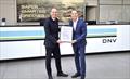 AiP Certificate Award Ceremony Left: Eric Tigelaar, Department Manager of Commercial Marine Department, Yanmar Europe; Right: Olaf Drews, Head of Engines & Pressurized Equipment, DNV Maritime