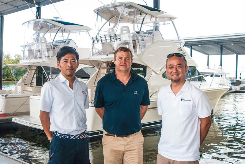 Riviera Dealer Relationship Manager Peter Welch with Unimat Precious representatives Mitsuru Ishii (left) and Futoshi Ninomiya photo copyright Riviera Studio taken at  and featuring the Marine Industry class