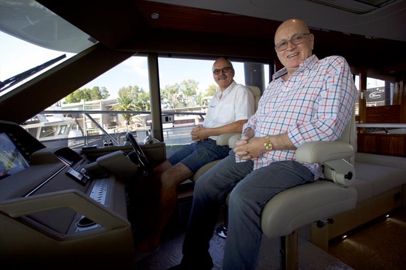 Maritimo's founder Bill Barry-Cotter and operations manager Phil Candler at the helm of the S70 with the new dash design photo copyright Maritimo taken at  and featuring the Marine Industry class