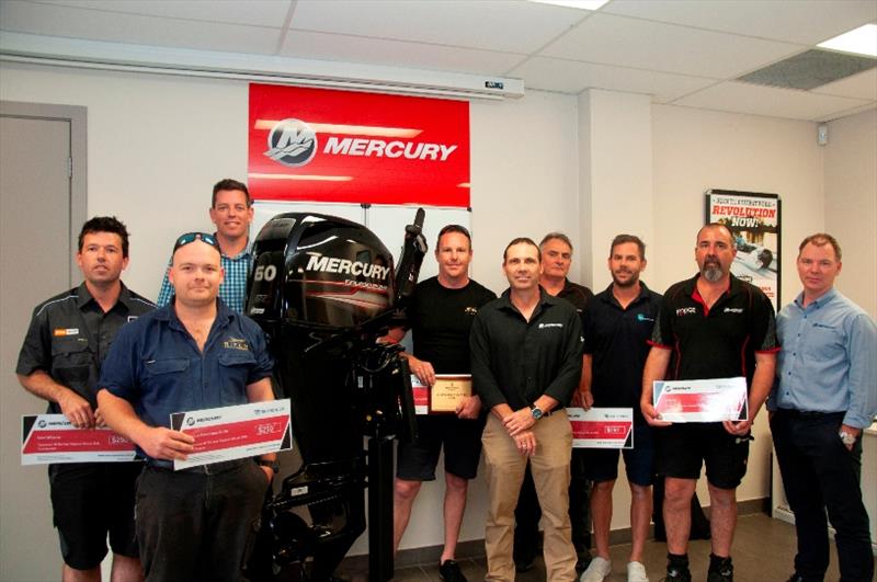 (L to R) Cam Williams (Stihl Shop - NZ), Joshua Smith (Rifen Marine), Will Sangster (G.M. Mercury Marine), David Voorden, Trevor Henri (MercTech Manager), Andrew Chopping (Sealand Marine), Garry Watson (Midway Marine), Craig Bell and Nicholas Webb. - photo © Mercury Marine