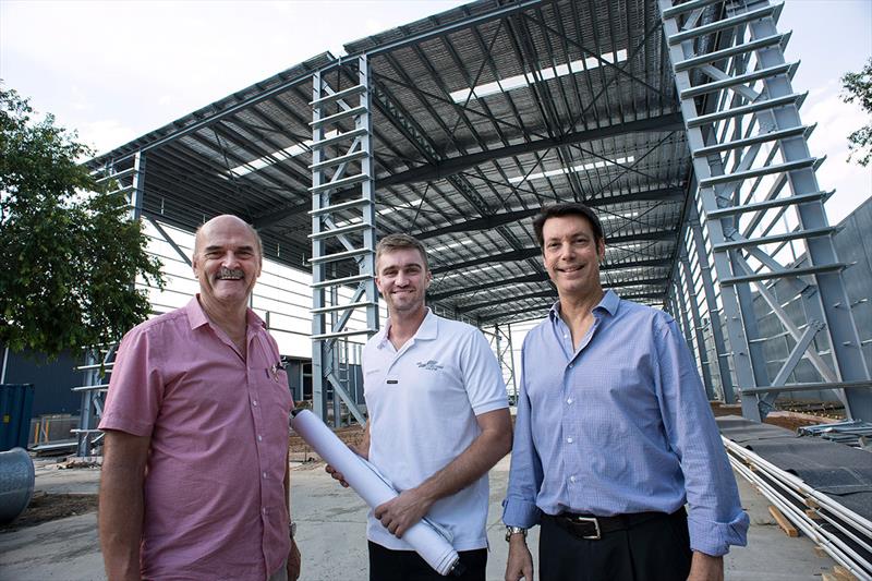 (L to R) Maritimo's General Manager Operations Phil Candler, Lead Designer Tom Barry-Cotter and CEO Garth Corbitt inspect one of the new buildings under construction in McPhail Road photo copyright Paul Wilson taken at  and featuring the Marine Industry class