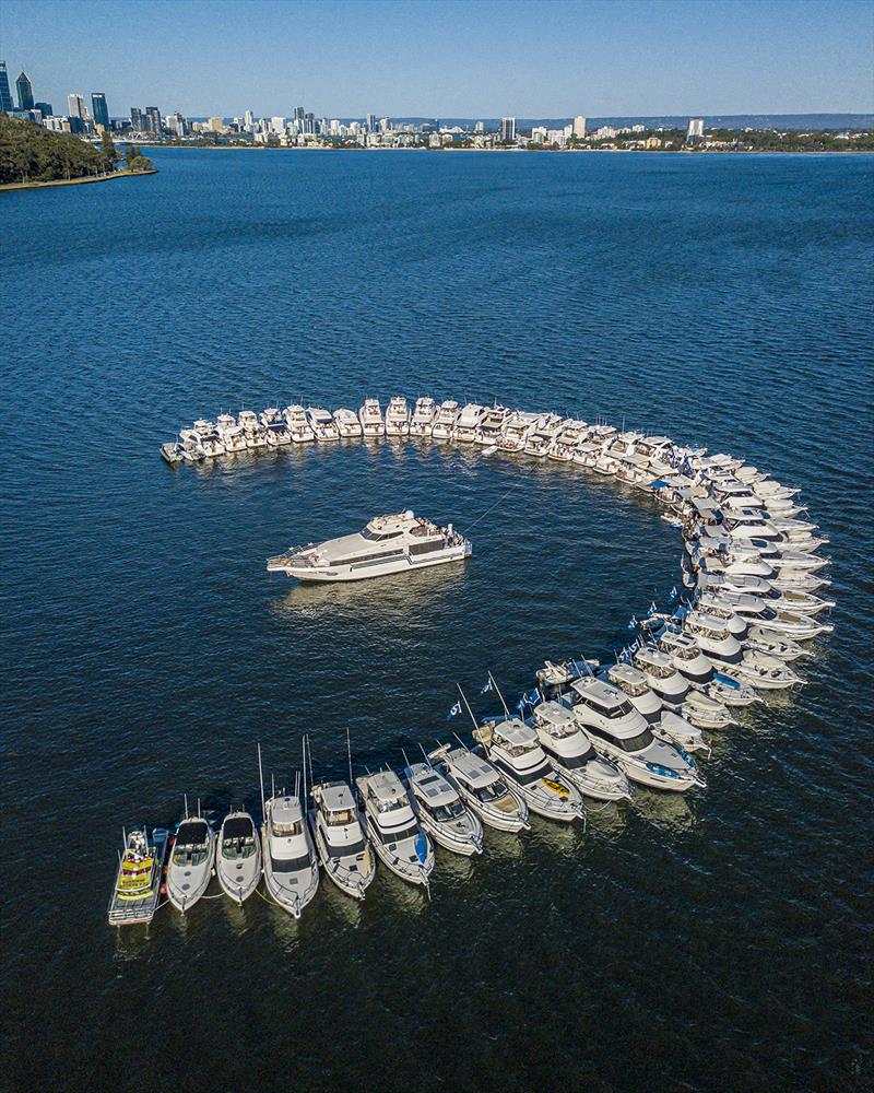 The Riviera Family in Perth celebrate as 45 motor yachts raft-up on the Swan River - photo © Riviera Australia