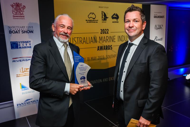 Jeremy Spear, Spear Green Design presented with a 2022 Australian Marine Industry Award by Brenton Fischer, Sydney City Marine photo copyright Salty Dingo taken at Southport Yacht Club and featuring the Marine Industry class