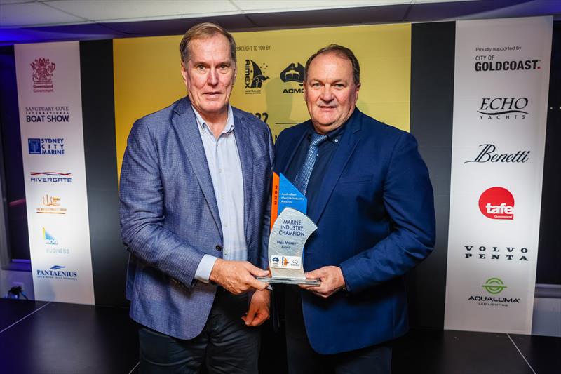 Wes Moxey, Riviera presented with a 2022 Australian Marine Industry Award by Steve Fisher, Rivergate Marina & Shipyard photo copyright Salty Dingo taken at  and featuring the Marine Industry class