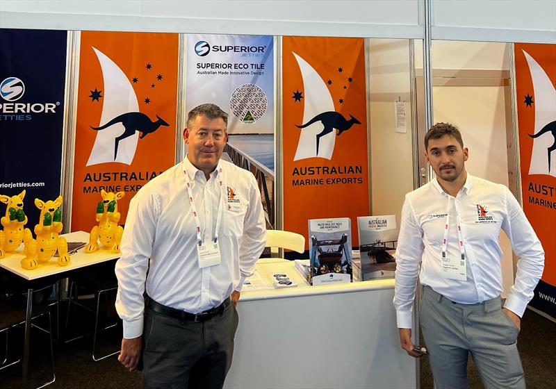 David Good, CEO, Australian Marine Export Group (Left) Robert Smith, Superior Jetties, 2021 Apprentice of the Year (Right). The AIMEX stand in the Australian Pavilion shared with Origin Net, Quality Marine Clothing and Superior Jetties - photo © AIMEX