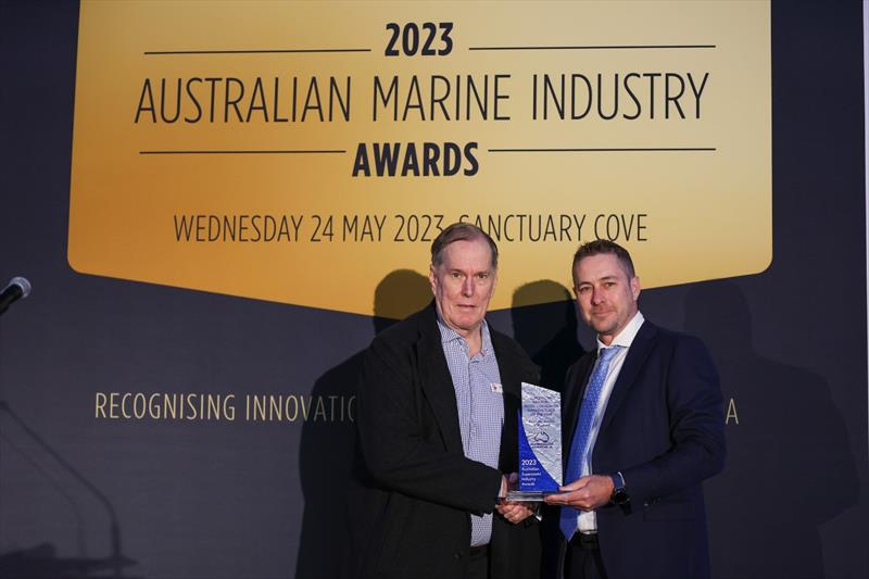 'The 2023 Superyacht Industry Project / Design or Manufacturer of the Year,' presented by Chris Blackwell on behalf of Tourism Western Australia to Steve Fisher from Rivergate Marina & Shipyard photo copyright Salty Dingo taken at  and featuring the Marine Industry class
