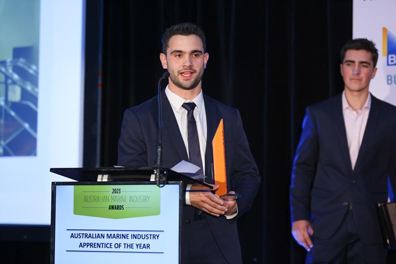 Brent Studman delivering his acceptance speech after winning the 2023 Australian Marine Industry Apprentice of the Year Award - photo © Salty Dingo