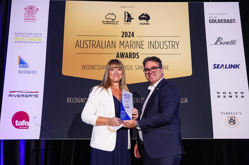 Gavin Rooney, Volva Penta presents the 2024 Australian Superyacht Service Provider of the Year Award to Jocelyn O'Keefe from Coral Sea Marina Resort - photo © Salty Dingo