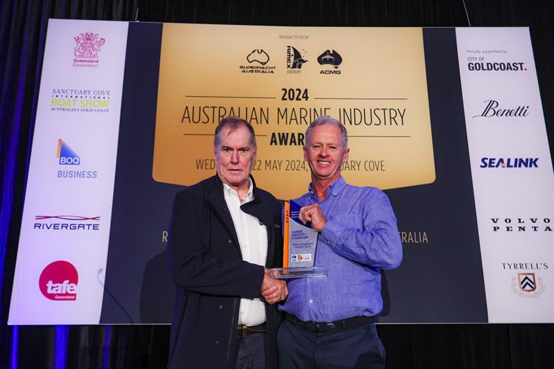 Steve Fisher, Rivergate Marina and Shipyard presents the 2024 Australian Marine Industry Champion of the Year to Tony Longhurst, The Boat Works - photo © Salty Dingo