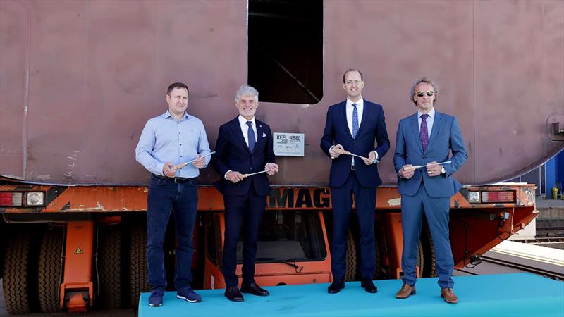 Keel-laying ceremony: (L to R) Edvinas Petreikis, Project Manager, Western Baltija Shipbuilding, Algis Latakas, CEO, Klaipeda Port, Marius Skuodis, Minister of Transport & Communications of Lithuania, Jüri Taal, Management Board Member of Baltic Workboats - photo © Genevos