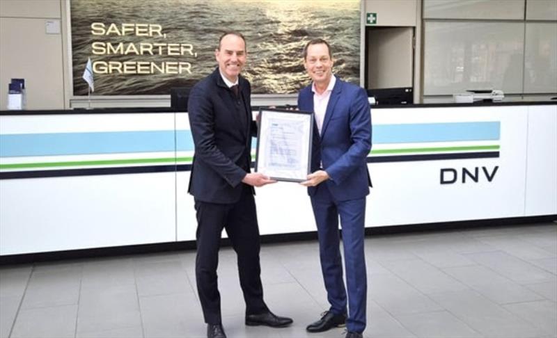 AiP Certificate Award Ceremony Left: Eric Tigelaar, Department Manager of Commercial Marine Department, Yanmar Europe; Right: Olaf Drews, Head of Engines & Pressurized Equipment, DNV Maritime photo copyright Yanmar Marine taken at  and featuring the Marine Industry class