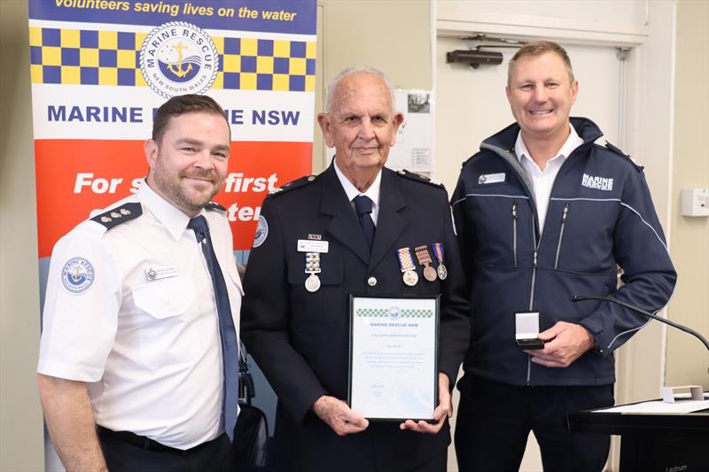 (L to R) Marine Rescue Botany Port Hacking Unit Commander Aaron Blackwell - Ian Baker ESM - Marine Rescue NSW Deputy Commissioner Darren Schott photo copyright Marine Rescue NSW taken at  and featuring the Marine Industry class